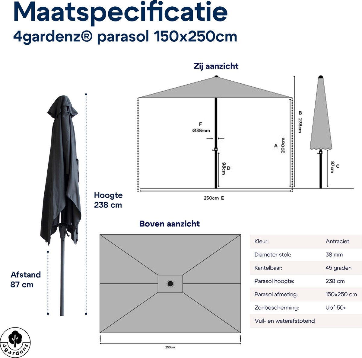 Maatspecificatie 4gardenz parasol 150x250 cm in het Nederlands