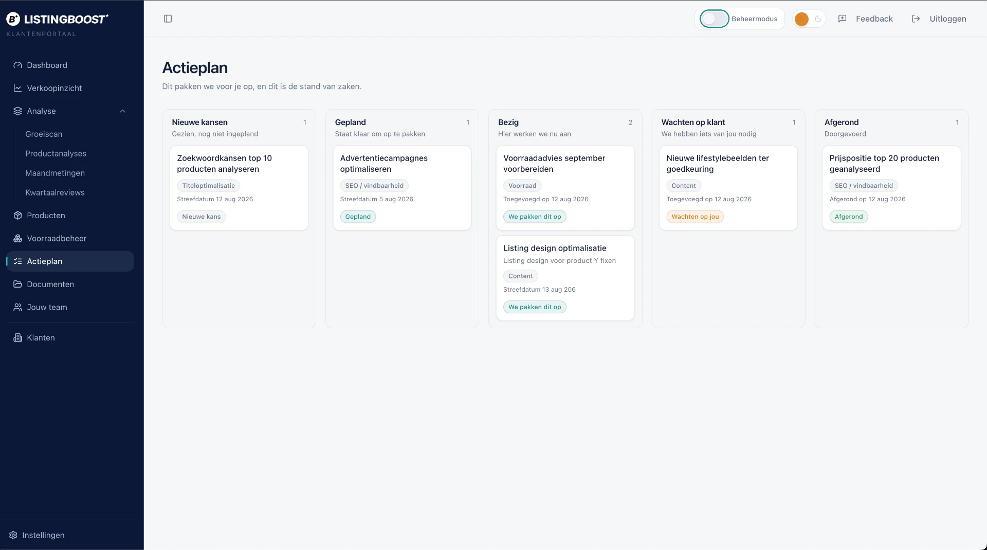 Actieplan in het ListingBoost klantenportaal